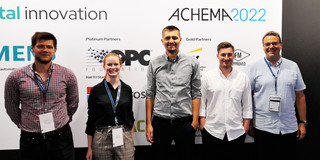 The image shows the Jonas Oeing, Laura Neuendorf, Stefan Höving, Aljoscha Frede and Norbert Kockmann @ Achema 2022.