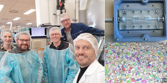 The picture shows the project partners (left) and the implemented flow cell for optical measurements of droplet size (right)