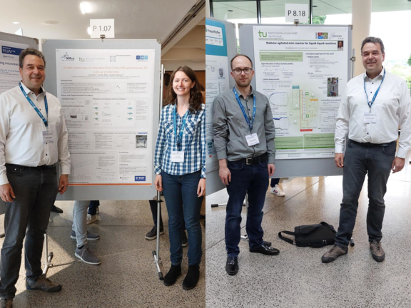 The picture shows Prof. Norbert Kockmann with Lisa Schulz and Mathias Schmitz with their posters.