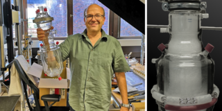 The picture shows the glassblower at the workshop with the draft tube baffle.